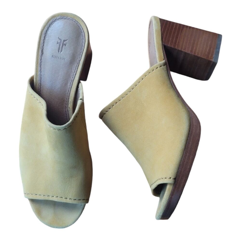 Frye‎ Blake High Block Heel Mules Yellow Suede Slip On Leather Footbed - Picture 2 of 6